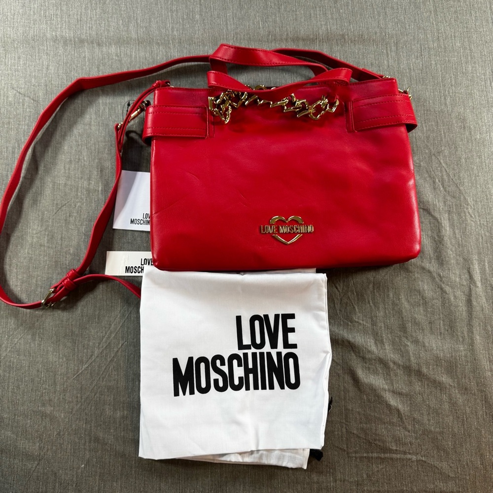 NEW Love Moschino Red Vegan Faux Leather Heart Chain Satchel Bag NWT